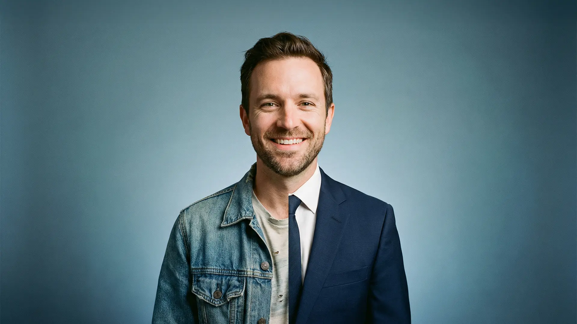 Halbporträt eines lächelnden Mannes vor einfarbig blauem Hintergrund; sein Outfit ist vertikal geteilt: Links trägt er eine lässige Jeansjacke mit T-Shirt, rechts einen dunkelblauen Business-Anzug mit Krawatte. Die präzise Teilung in der Bildmitte visualisiert den Kontrast zwischen informellem und formellem Erscheinungsbild.